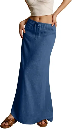 Womens Summer Flowy Linen A-Line Maxi Skirt 2025 Fashion Elastic Waist Pleated Long Beach Skirt
