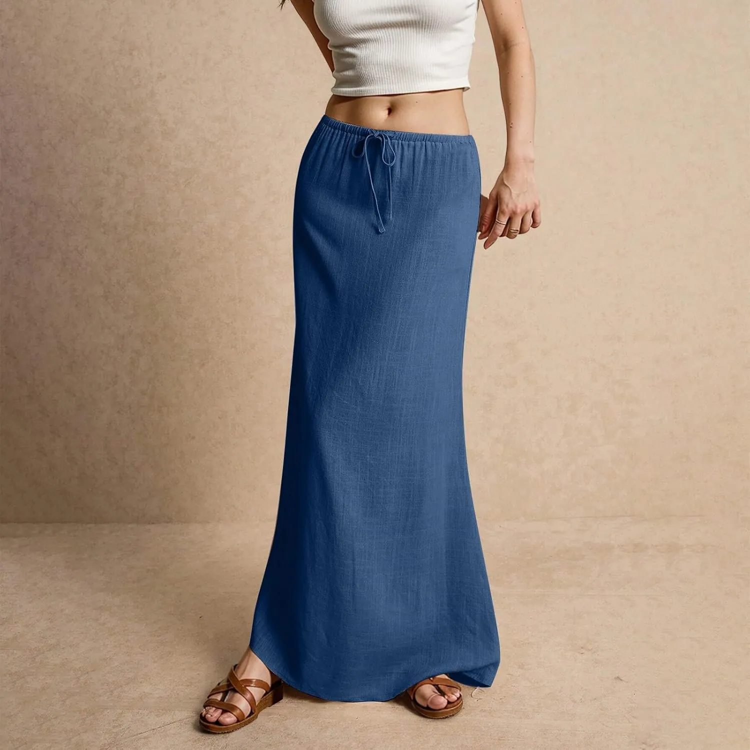 Womens Summer Flowy Linen A-Line Maxi Skirt 2025 Fashion Elastic Waist Pleated Long Beach Skirt