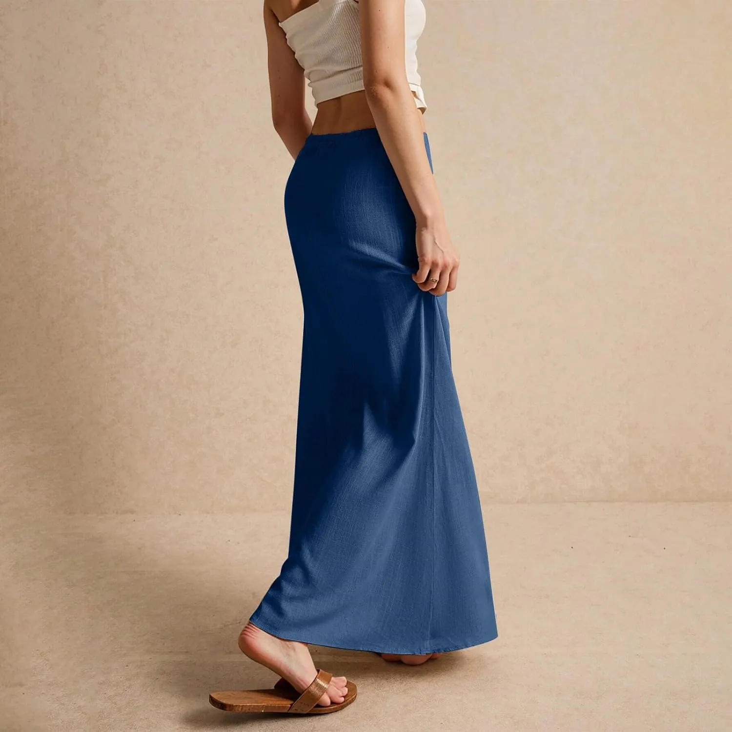 Womens Summer Flowy Linen A-Line Maxi Skirt 2025 Fashion Elastic Waist Pleated Long Beach Skirt