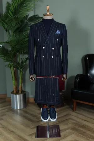 WSS Pinstripe Double-Breasted  Men Navy Blue Suit   - Schaffhausen