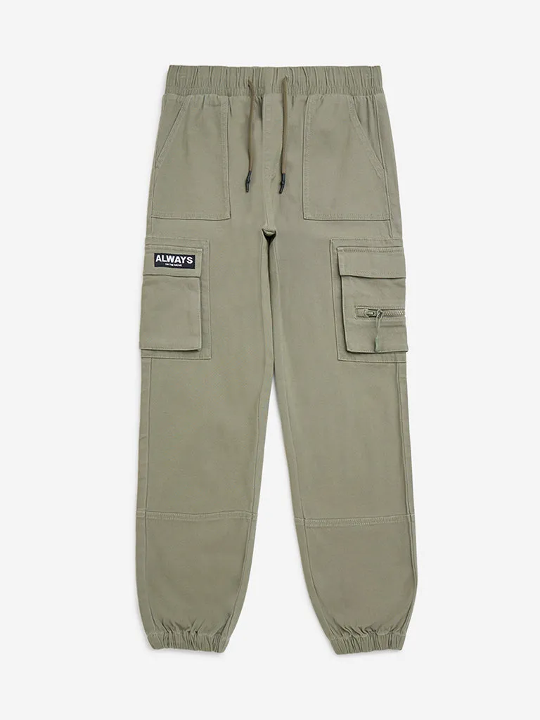 Y&F Kids Olive Cargo-Style Mid-Rise Cotton-Blend Joggers